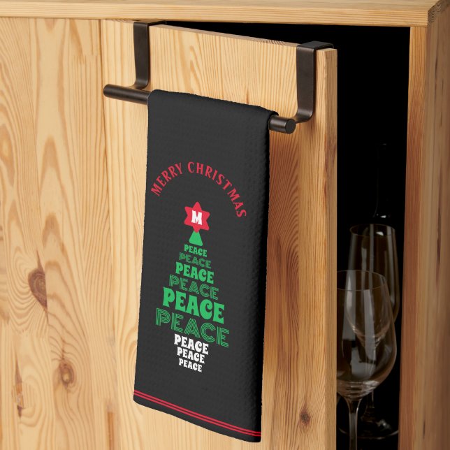 Cute Christmas Peace Tree Custom Initial black Tea Towel (Thirds Fold)