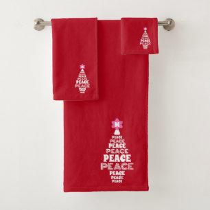 Cute Christmas Peace Tree Custom Initial Red Bath Towel Set