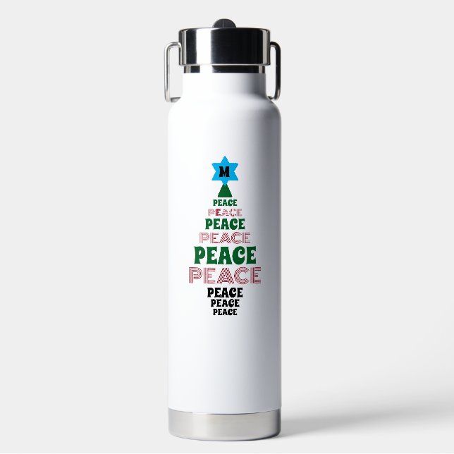Cute Christmas Peace Tree Custom Initial White Water Bottle (Front)