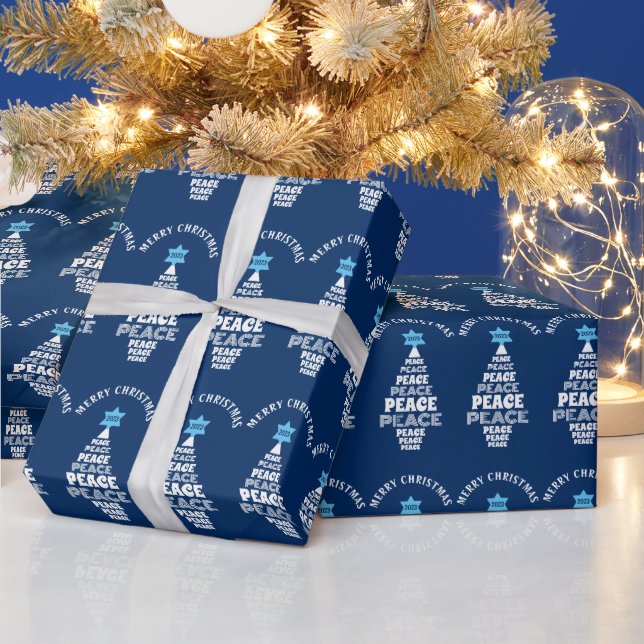 Cute Christmas Peace Tree Custom Year Blue Wrapping Paper (Holidays)