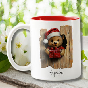 Cute Christmas Peeking Bear With Santa Hat Custom Two-Tone Coffee Mug