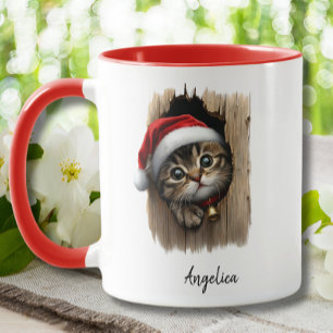 Cute Christmas Peeking Cat With Santa Hat Custom Mug
