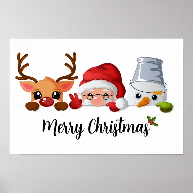 Cute Christmas Peeking Santa, Reindeer & Snowman Poster (Front)