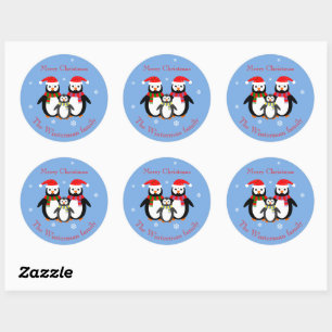 Cute christmas pengins editable text blue classic round sticker