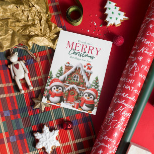 Cute Christmas Penguin and Gingerbread House  Holiday Card