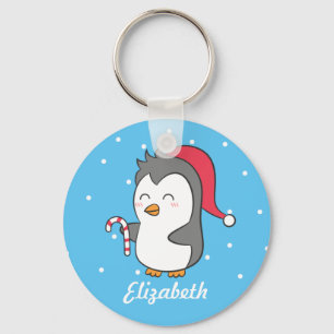 Cute Christmas Penguin Candy Cane Kids Keychain