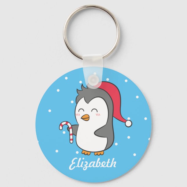 Cute Christmas Penguin Candy Cane Kids Keychain (Front)