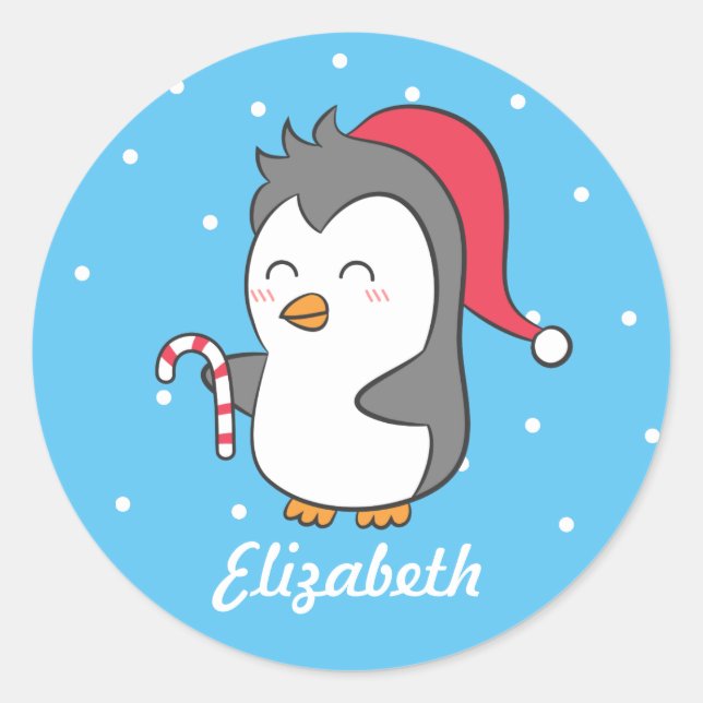 Cute Christmas Penguin Candy Cane Name Stickers (Front)