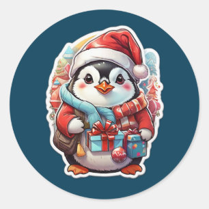 Cute Christmas Penguin Cartoon Classic Round Sticker