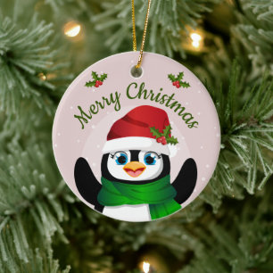Cute Christmas Penguin Character with Holly & Snow Ceramic Tree Decoration