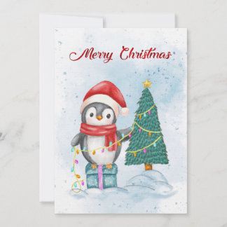 Cute Christmas Penguin Decorating Tree with Lights Holiday Card
