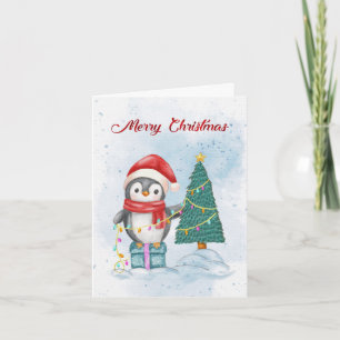 Cute Christmas Penguin Decorating Tree with Lights Holiday Card