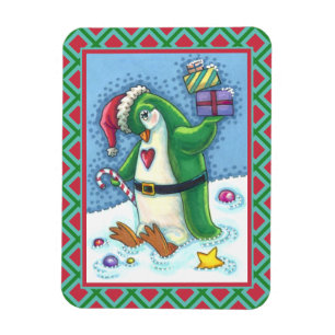 CUTE CHRISTMAS PENGUIN DRESSED IN GREEN, HOLIDAY MAGNET