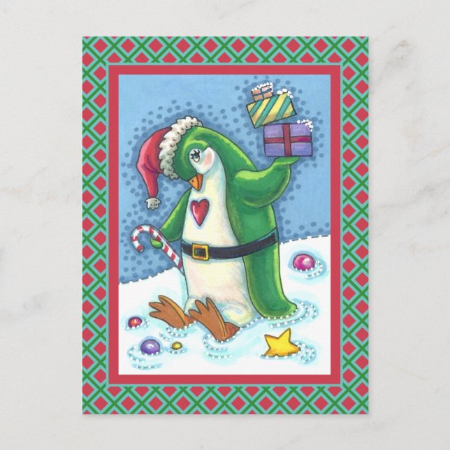 CUTE CHRISTMAS PENGUIN DRESSED IN GREEN, HOLIDAY POSTCARD (Front)