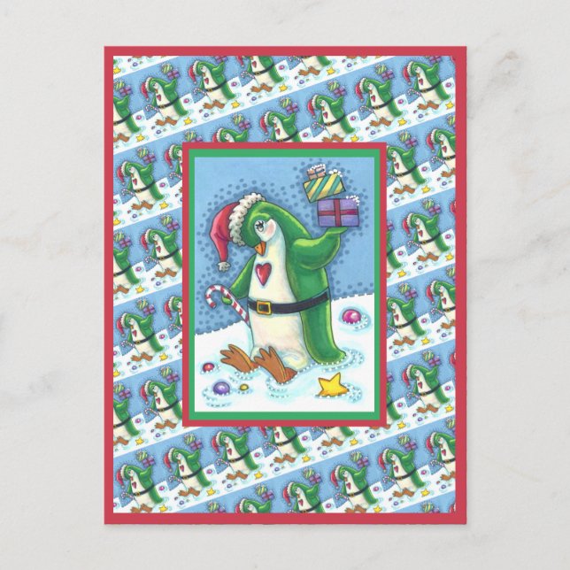 CUTE CHRISTMAS PENGUIN DRESSED IN GREEN, HOLIDAY POSTCARD (Front)