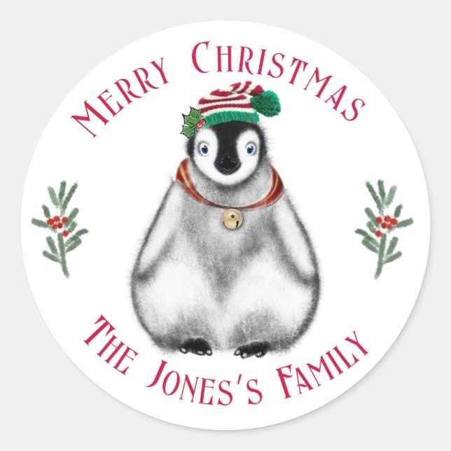 Cute Christmas Penguin , festive Arctic animal   Classic Round Sticker (Front)
