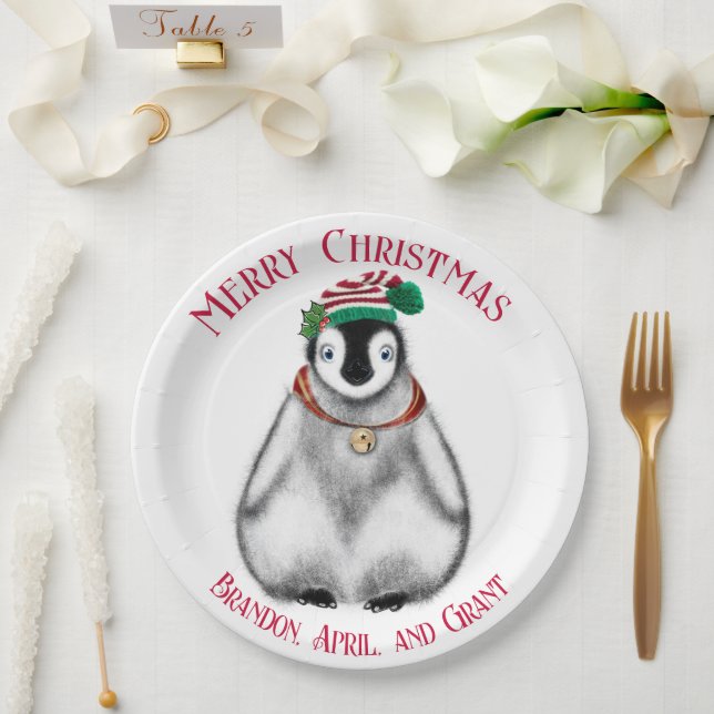 Cute Christmas Penguin , festive Arctic animal    Paper Plate (Wedding)