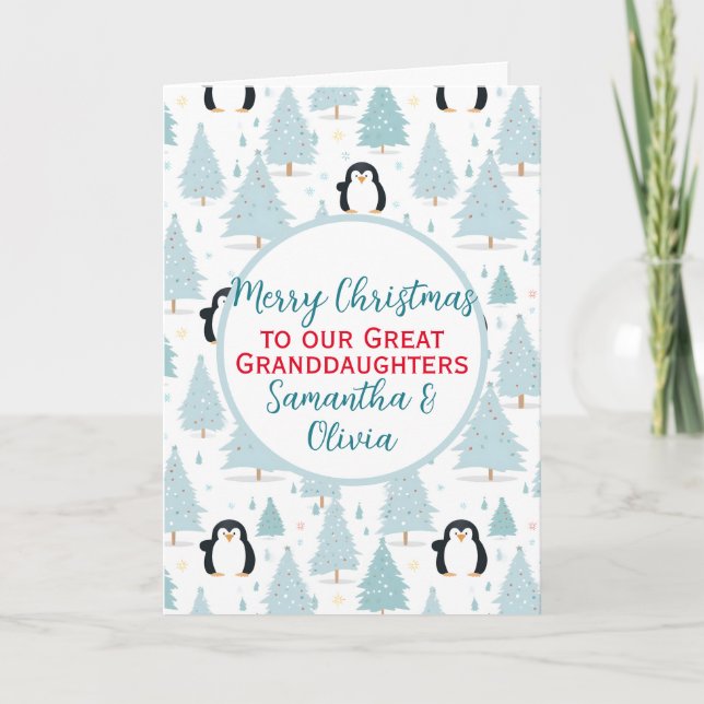 Cute Christmas Penguin Great Granddaughter Holiday Card (Front)