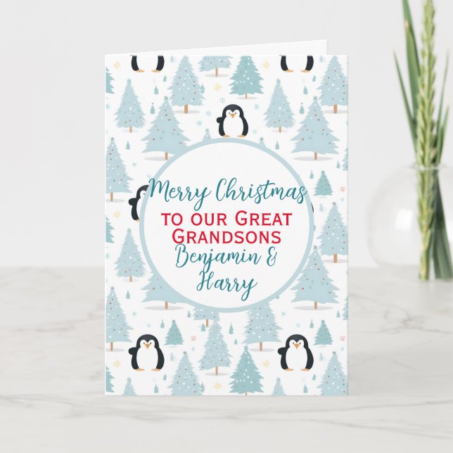 Cute Christmas Penguin Great Grandson  Holiday Card (Front)