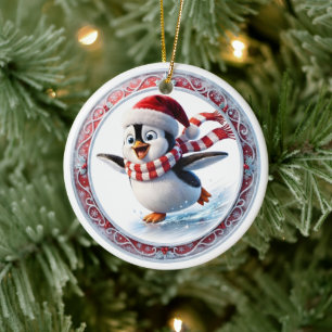 Cute Christmas Penguin Ice Skating Holiday Ornamen Ceramic Tree Decoration