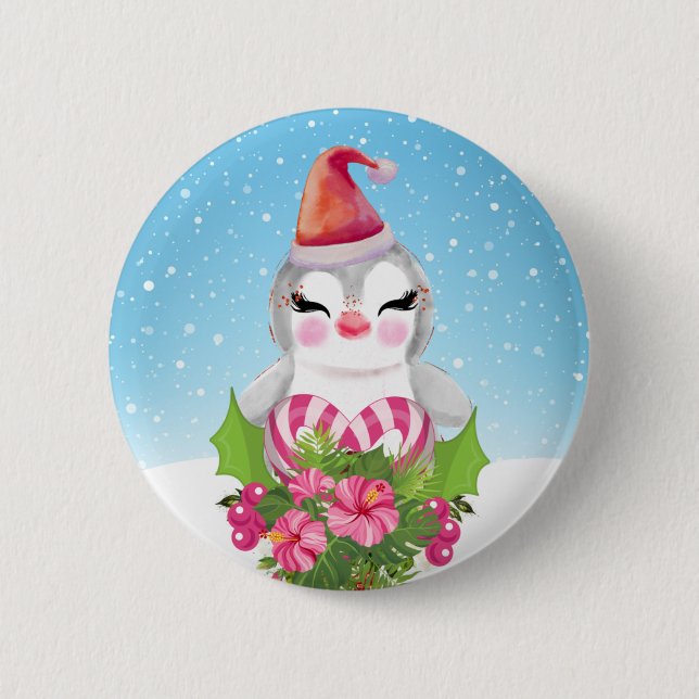 Cute Christmas Penguin in Santa Hat 6 Cm Round Badge (Front)