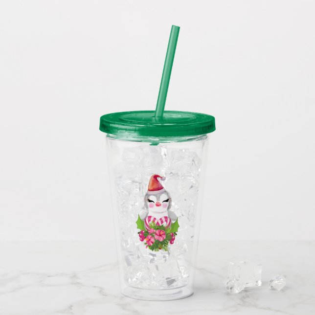 Cute Christmas Penguin in Santa Hat Acrylic Tumbler (Back Ice)