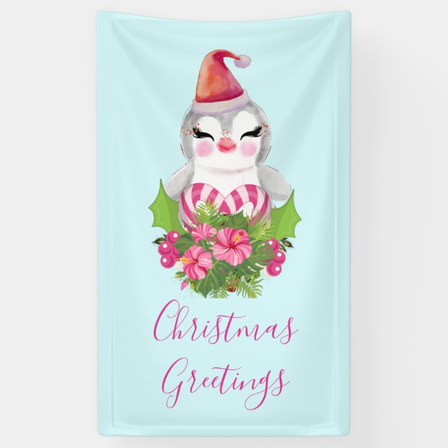 Cute Christmas Penguin in Santa Hat Banner (Vertical)