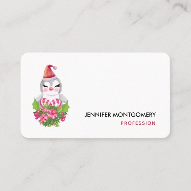 Cute Christmas Penguin in Santa Hat Business Card (Front)