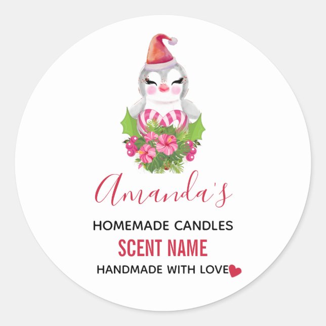 Cute Christmas Penguin in Santa Hat Candle Classic Round Sticker (Front)