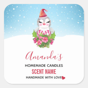 Cute Christmas Penguin in Santa Hat Candle Square Sticker