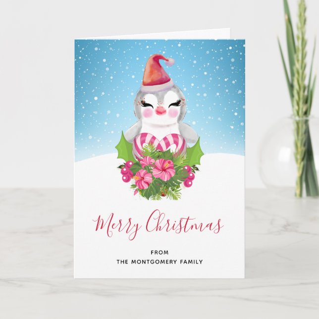 Cute Christmas Penguin in Santa Hat Card (Front)
