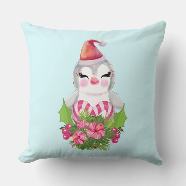 Cute Christmas Penguin in Santa Hat Cushion (Front)