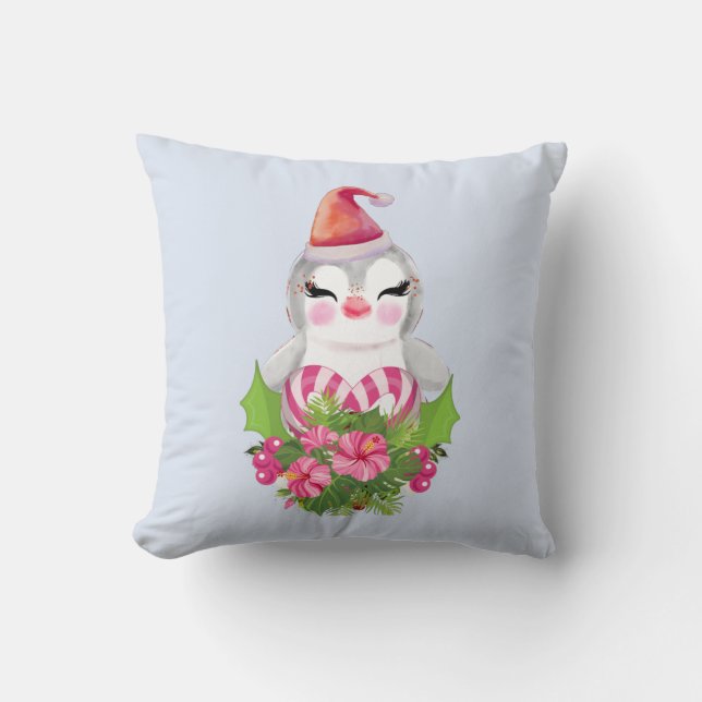 Cute Christmas Penguin in Santa Hat Cushion (Front)