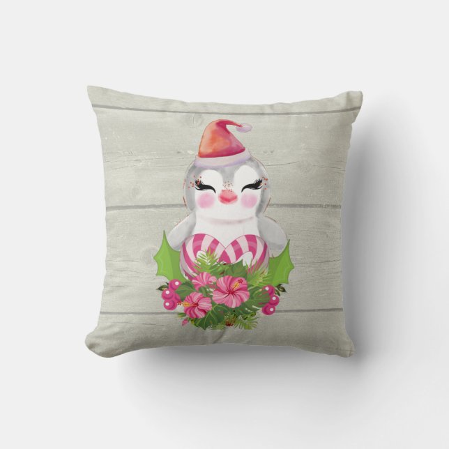 Cute Christmas Penguin in Santa Hat Cushion (Front)