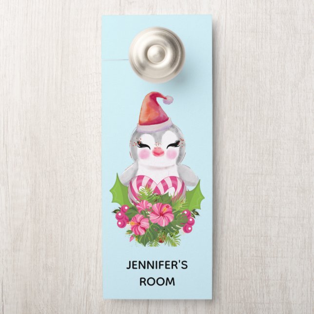 Cute Christmas Penguin in Santa Hat Door Hanger (On Knob)