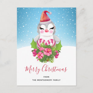 Cute Christmas Penguin in Santa Hat Holiday Postcard