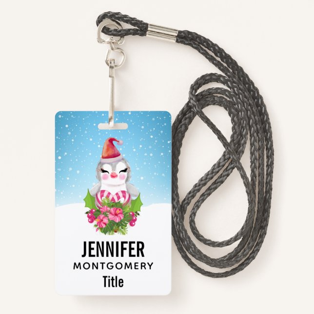Cute Christmas Penguin in Santa Hat ID Badge (Front with Lanyard)