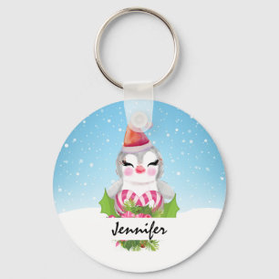 Cute Christmas Penguin in Santa Hat Key Ring
