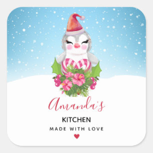 Cute Christmas Penguin in Santa Hat Kitchen Square Sticker