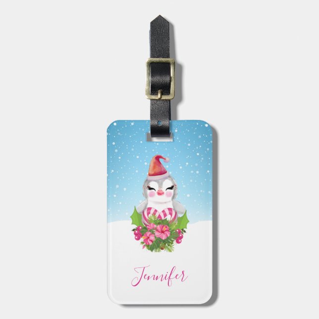 Cute Christmas Penguin in Santa Hat Luggage Tag (Front Vertical)
