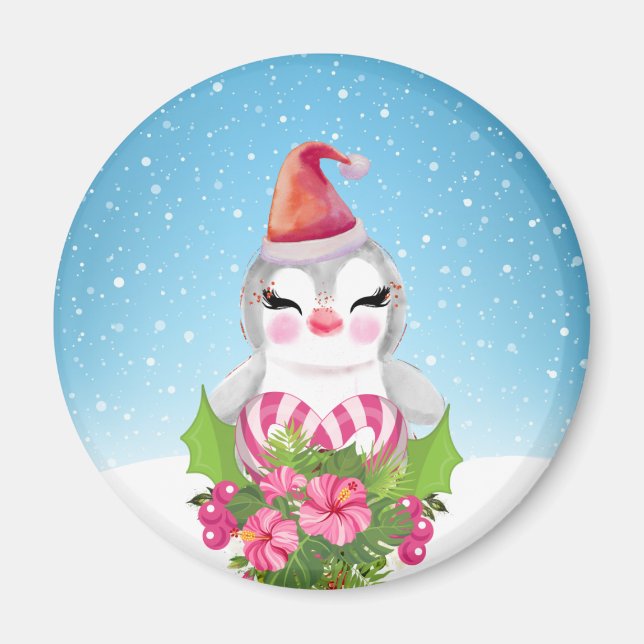 Cute Christmas Penguin in Santa Hat Magnet (Front)