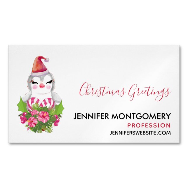 Cute Christmas Penguin in Santa Hat Magnetic Business Card (Front)
