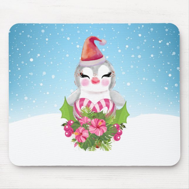 Cute Christmas Penguin in Santa Hat Mouse Mat (Front)