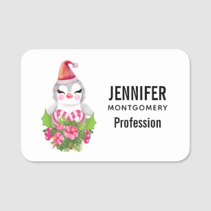 Cute Christmas Penguin in Santa Hat Name Tag