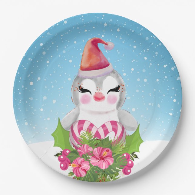 Cute Christmas Penguin in Santa Hat Paper Plate (Front)