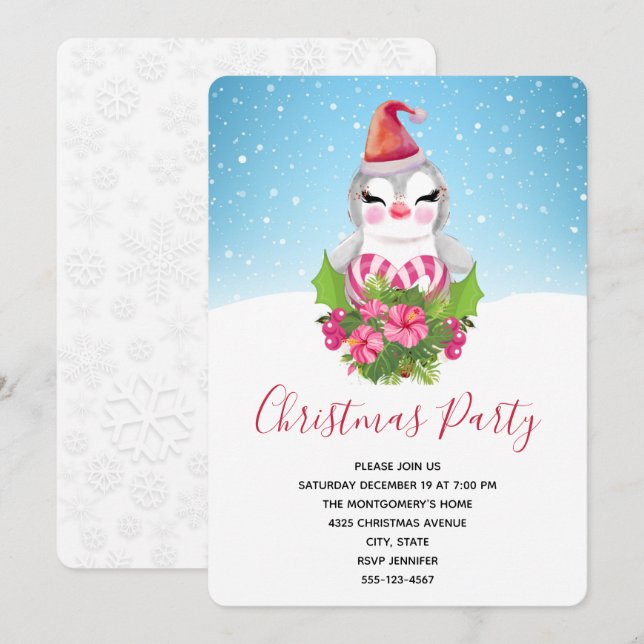 Cute Christmas Penguin in Santa Hat Party Invitation (Front/Back)