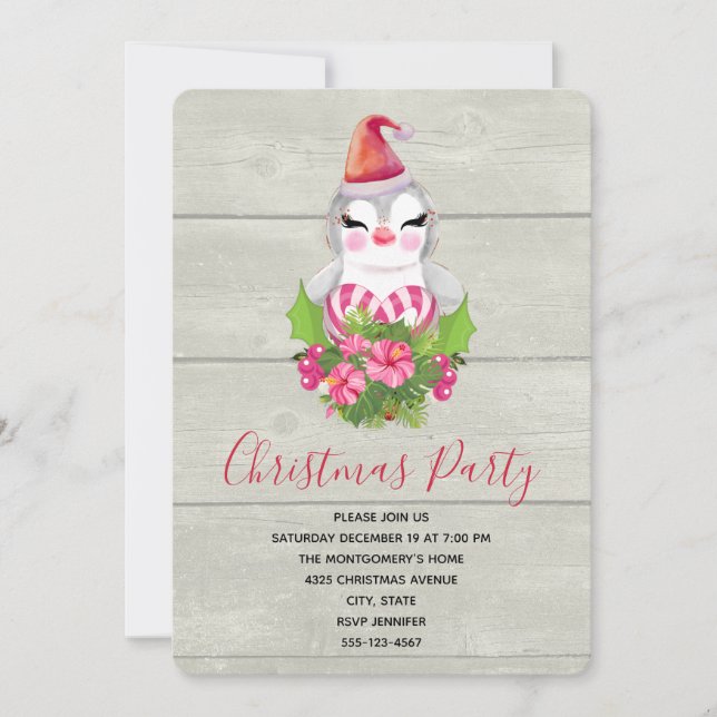 Cute Christmas Penguin in Santa Hat Party Invitation (Front)