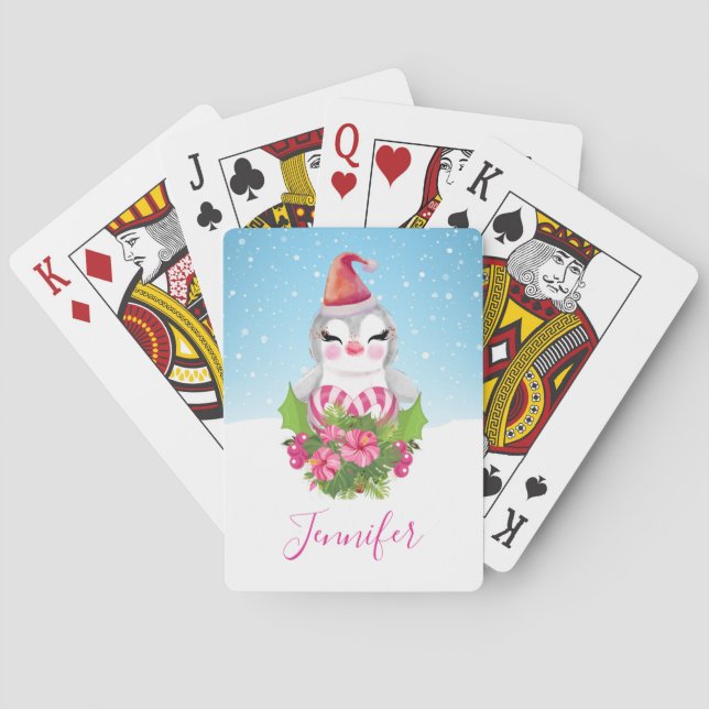 Cute Christmas Penguin in Santa Hat Playing Cards (Back)