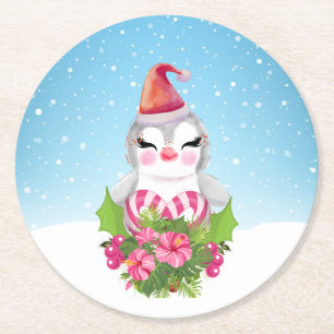 Cute Christmas Penguin in Santa Hat Round Paper Coaster