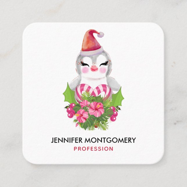 Cute Christmas Penguin in Santa Hat Square Business Card (Front)